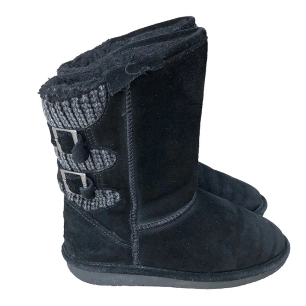 Bear Paw Women's Suede Knit Sheepskin Mid Calf Boots Boshie Size 4 Youth Black.
